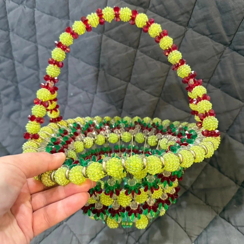 Vintage Beaded Basket Decor Fruit‎ Color Plastic Bead Bowl Display